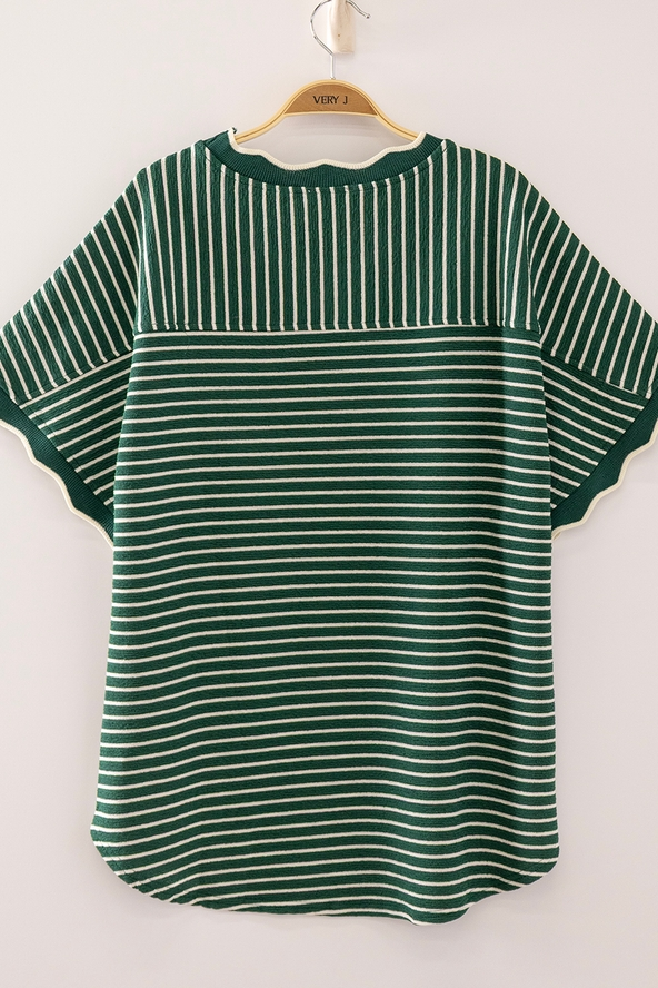 Scallop Trim Stripe Knit Top