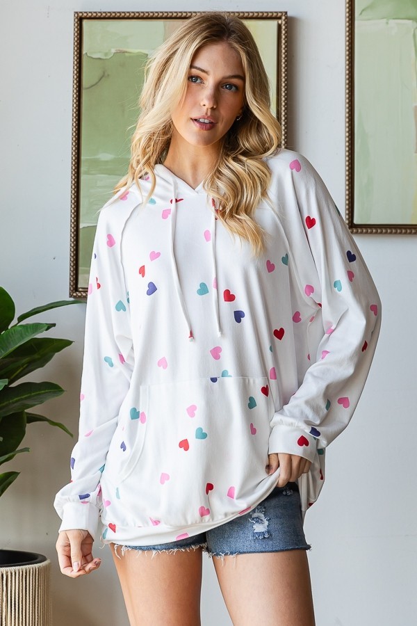 Heart Print Knit Hoodie Top
