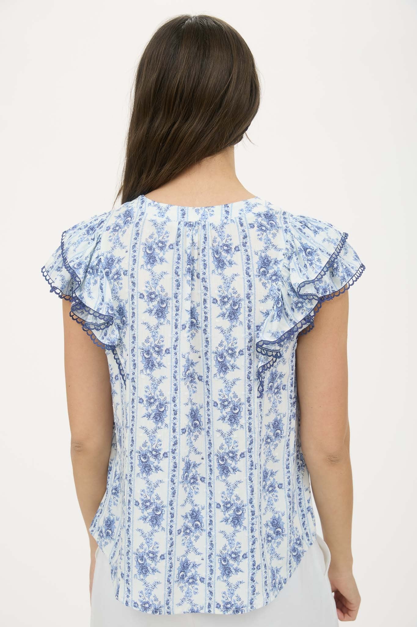 Stripe Floral Split Neck Ruffle Sleeve Top