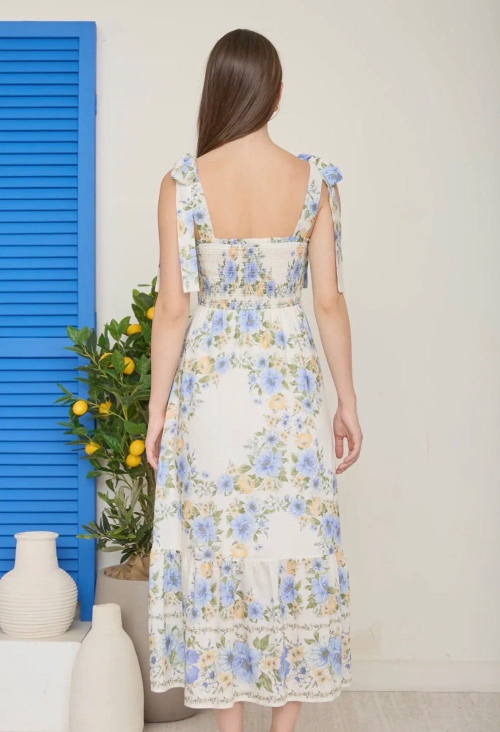 Floral Tie Strap Smocked Border Print Midi Dress - Blue