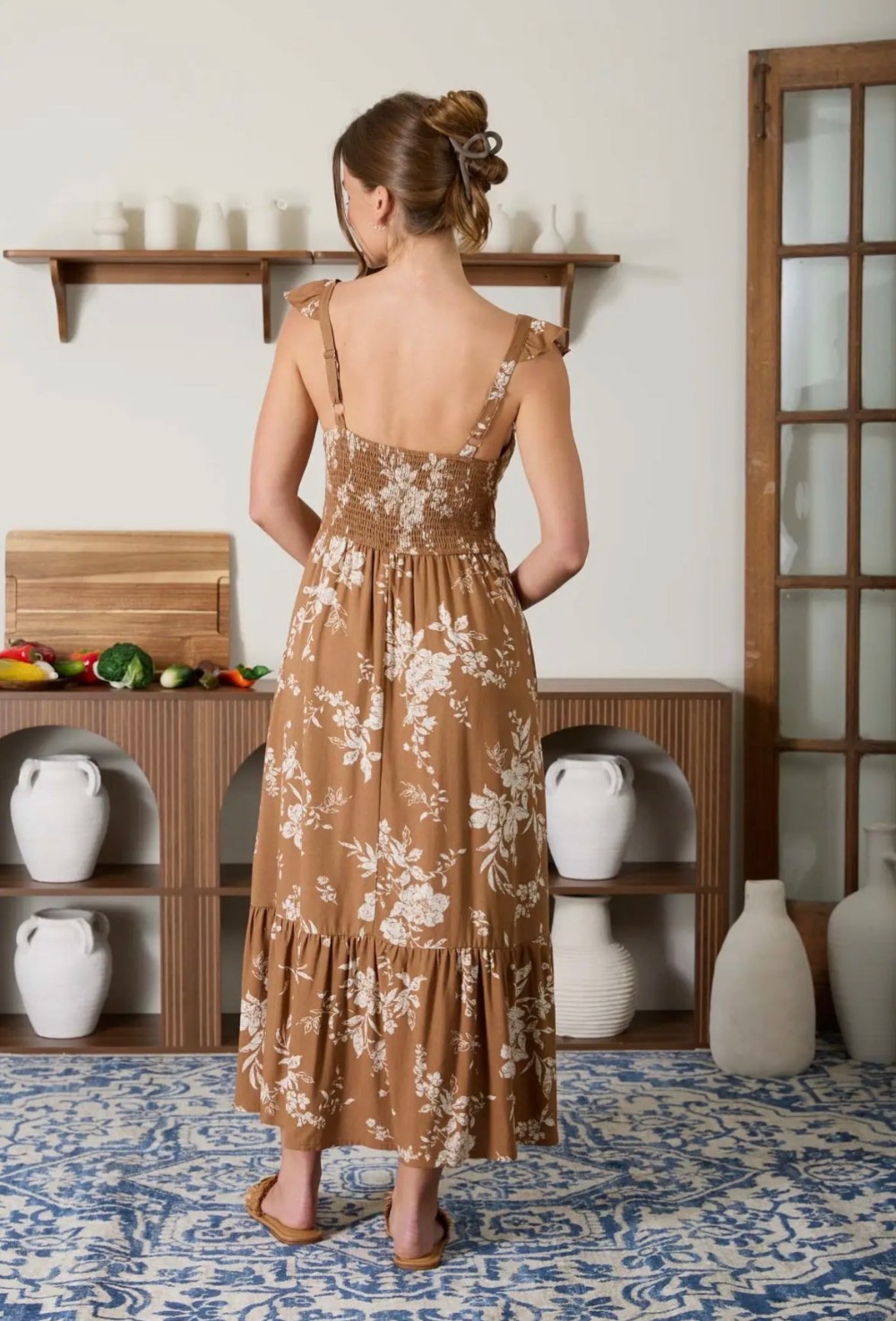 Floral Front Tie Ruffle Detail Corset Midi Dress