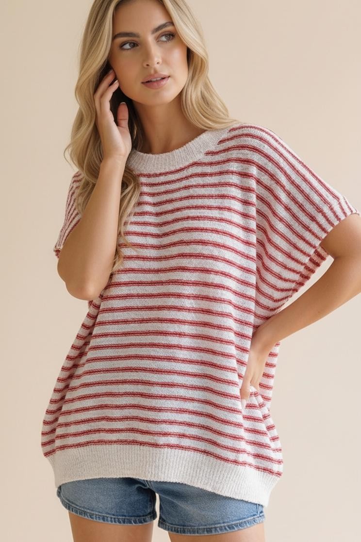 Dolman Short Sleeve Stripe Sweater Knit Top - Red