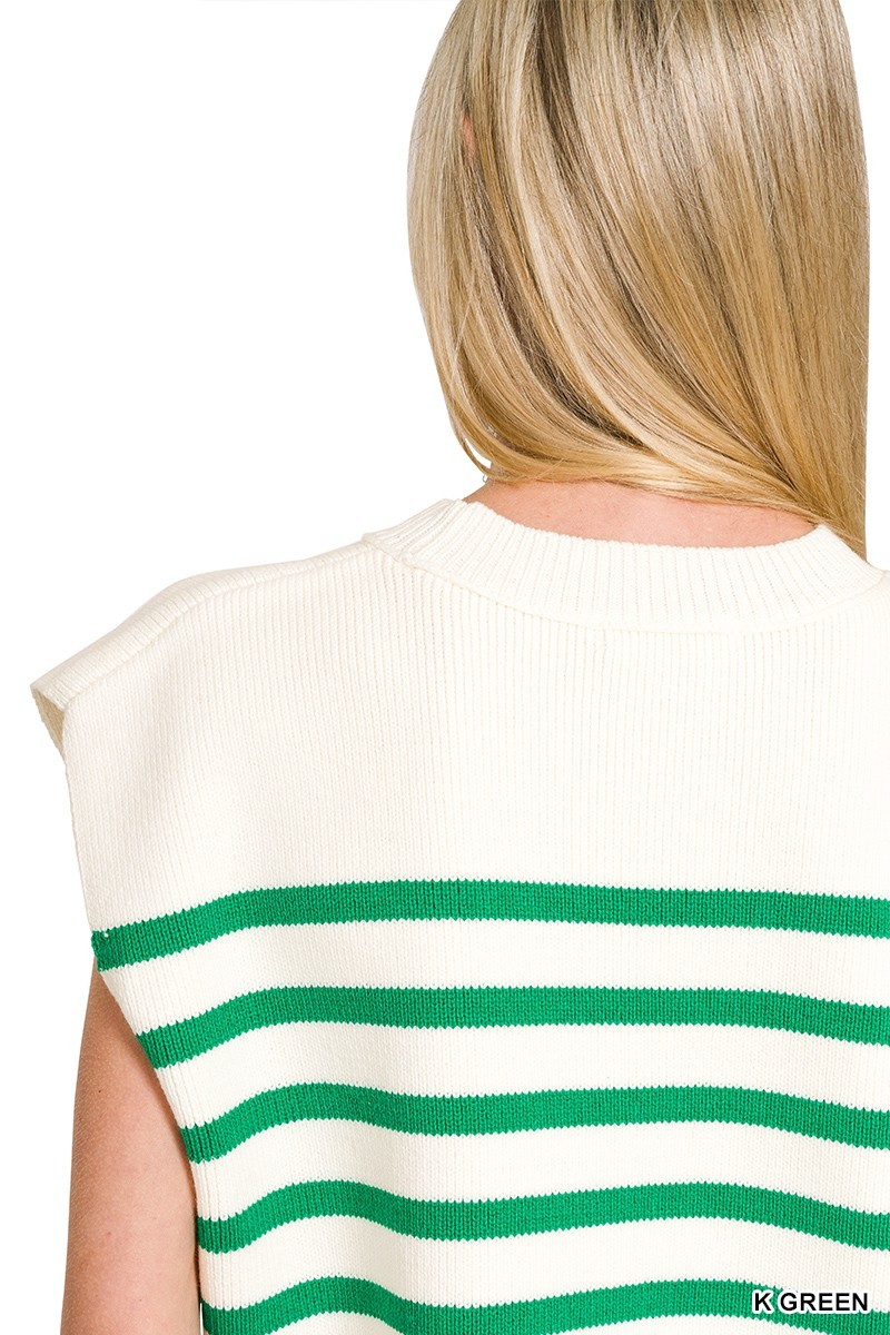 Oversized Crew Neck Stripe Sweater Vest - Green