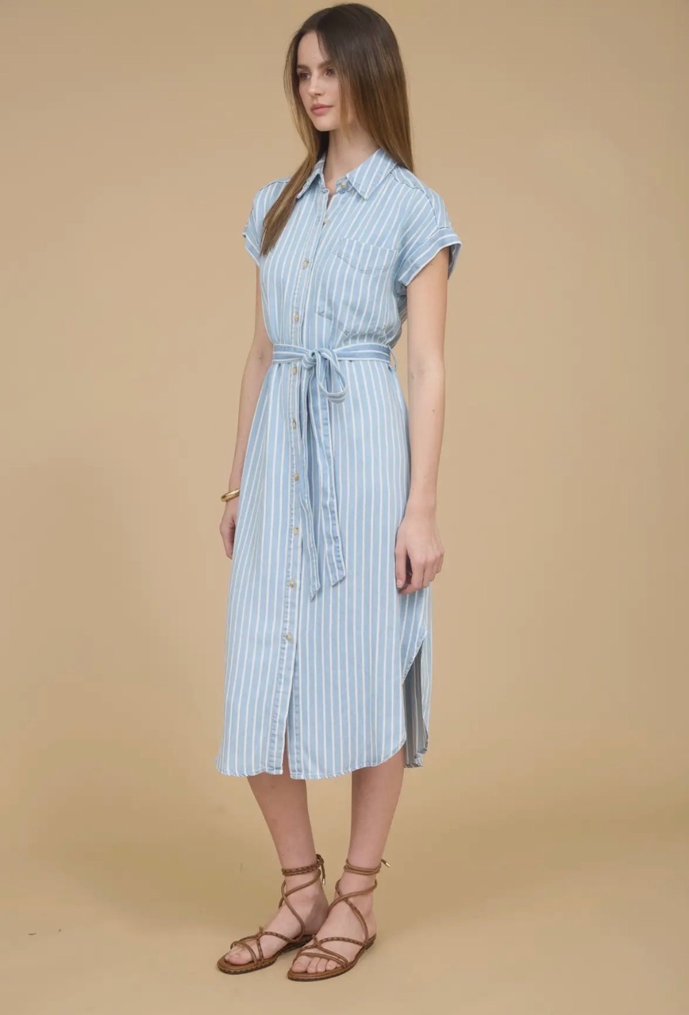 Stripe Chambray Collared Tie Belt Strap Midi Dress