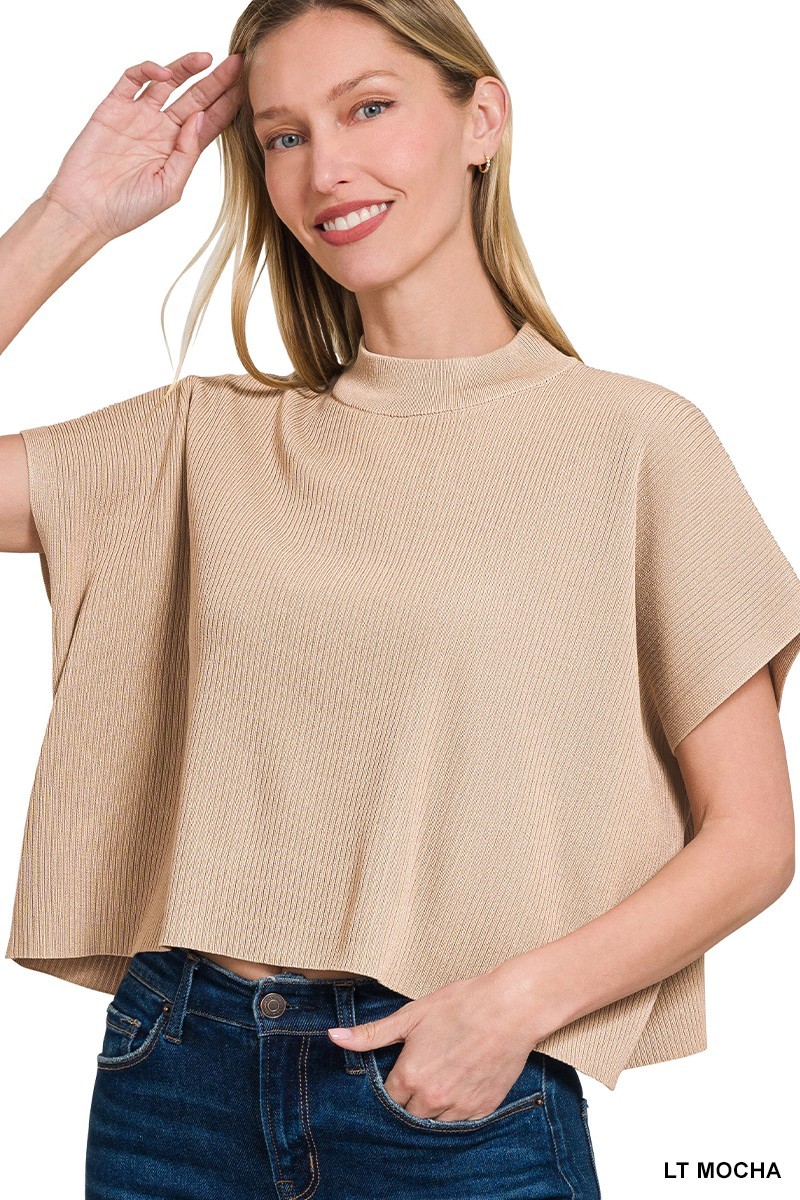 Viscose Mock Neck Short Sleeve Boxy Sweater - Lt Mocha