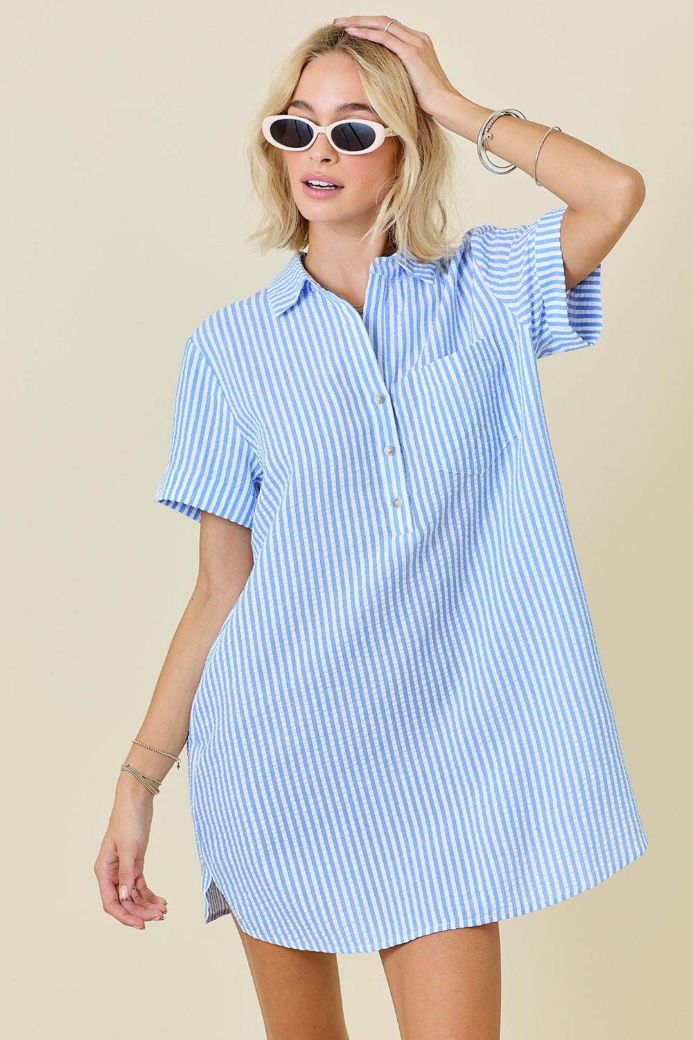 Striped Seersucker Easy Shirt Dress W/ Pockets - Blue