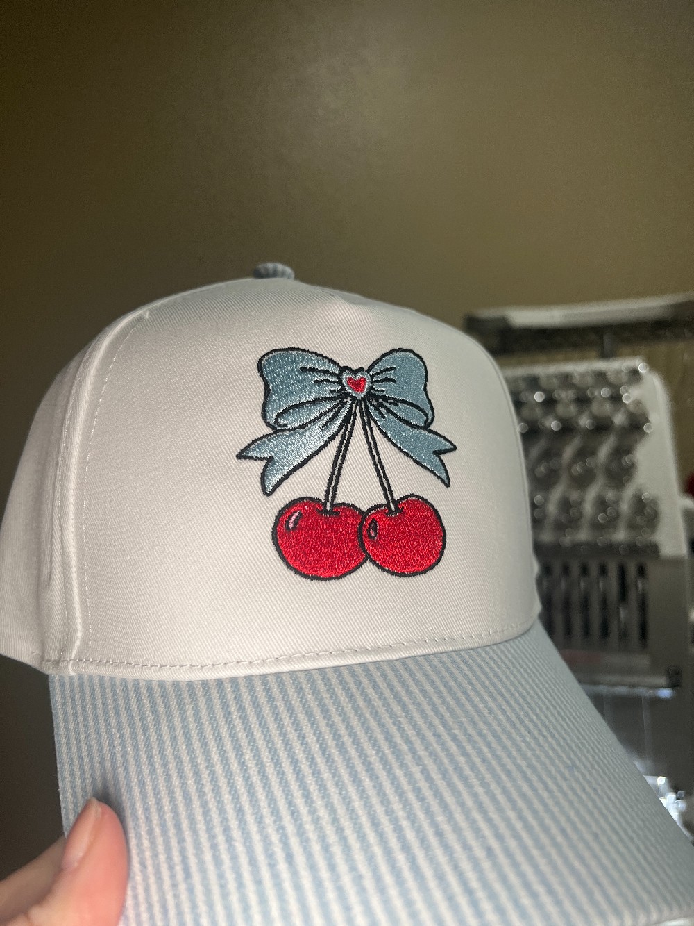 Striped Cherry Bow Structured Embroidered Hat