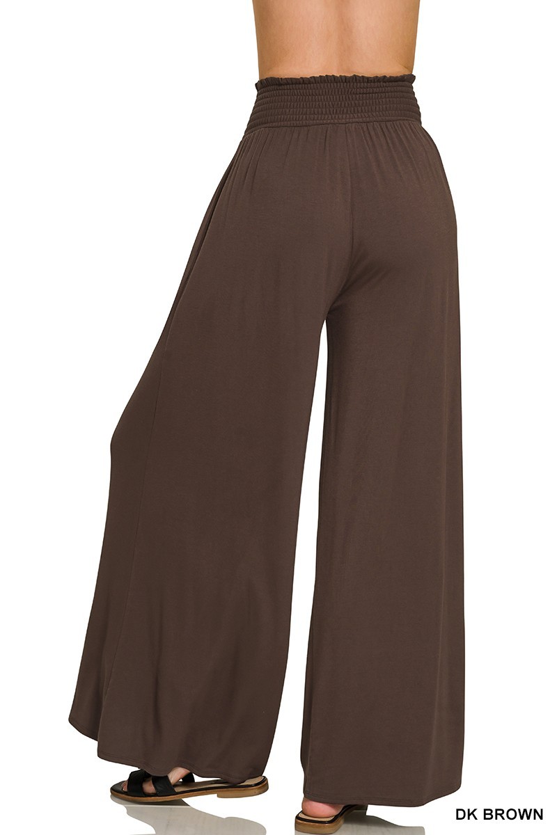 Smocked Waist Wide Leg Palazzo Pants - Dark Brown