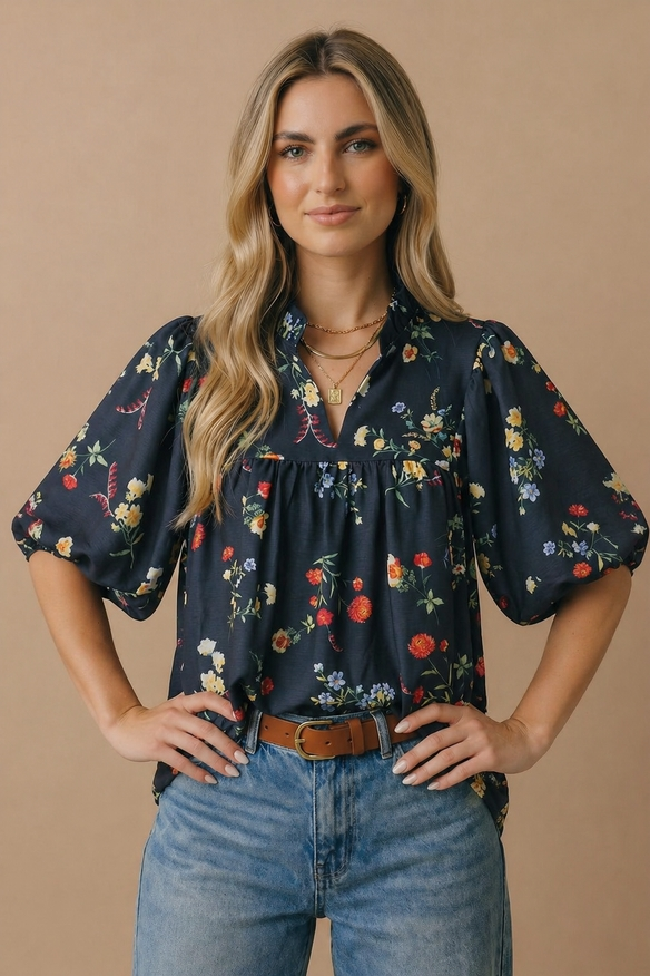 Notch Neck Floral Empire Waist Woven Top