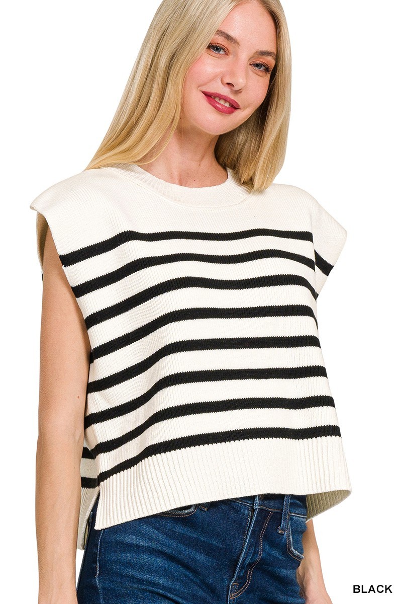 Oversized Crew Neck Stripe Sweater Vest - Black