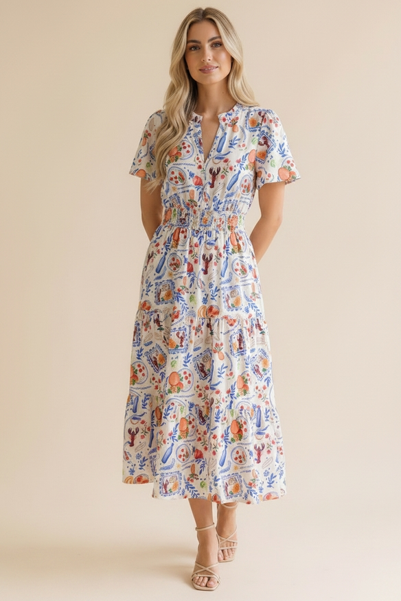 Notch Neck Smocked Waist Lobster Maxi Dress