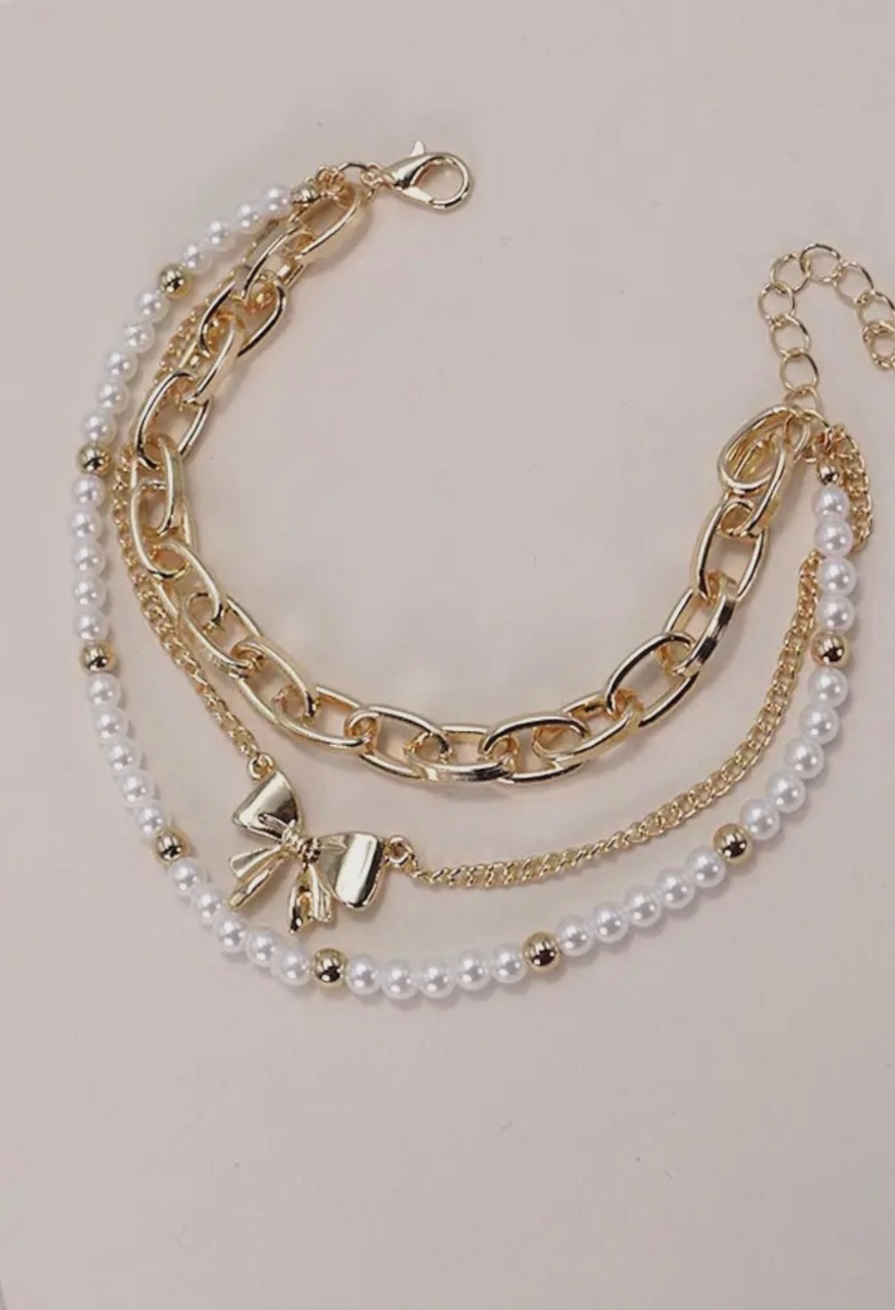 Bow Pearl Link Trio Set Bracelets