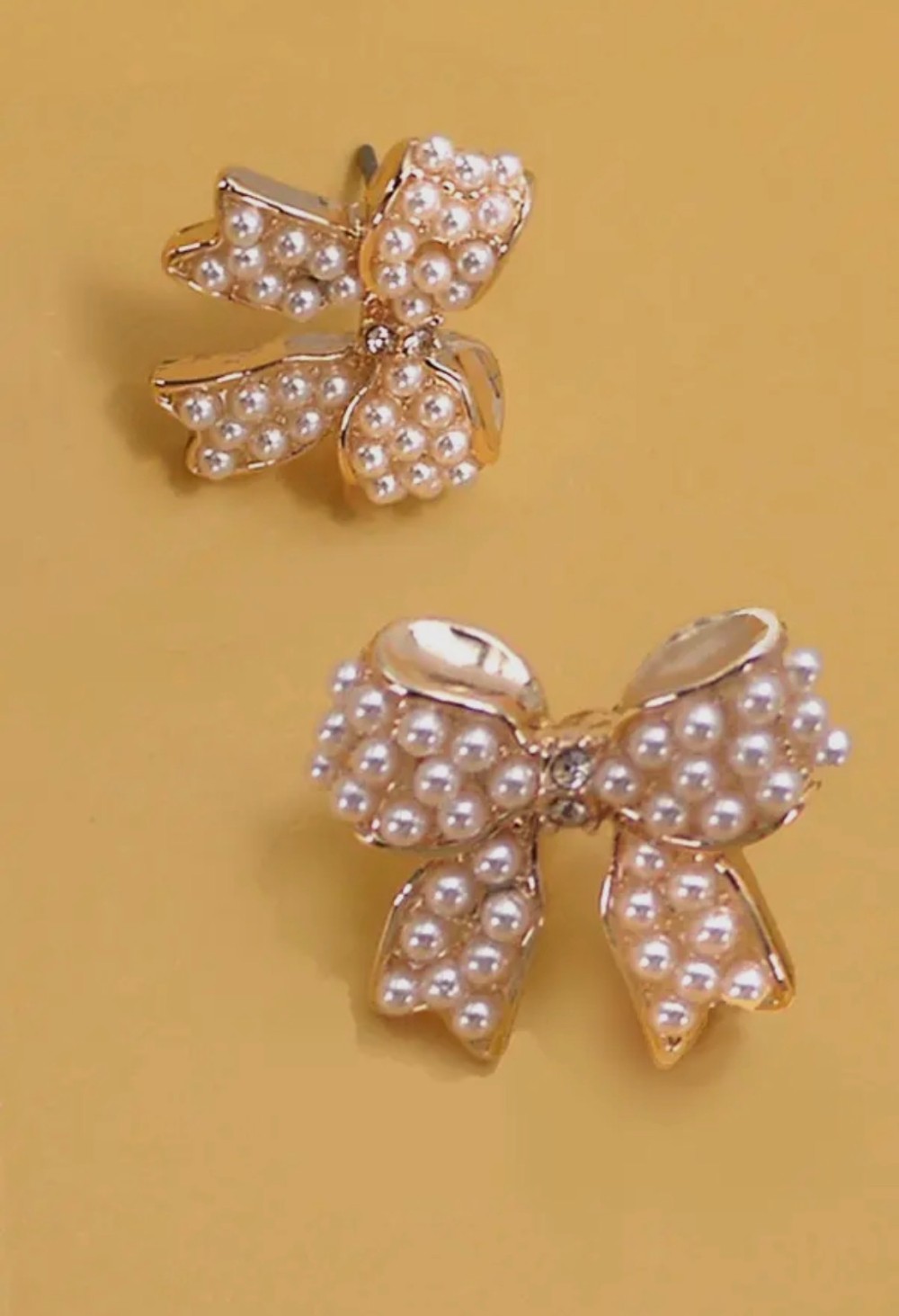 Mini Pearl Bow Ribbon Gold Earrings