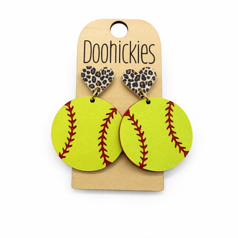Leopard Heart Softball Dangle Earrings