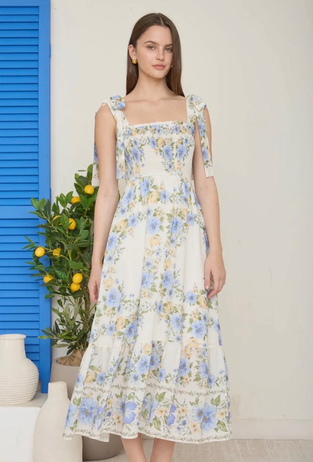 Floral Tie Strap Smocked Border Print Midi Dress - Blue