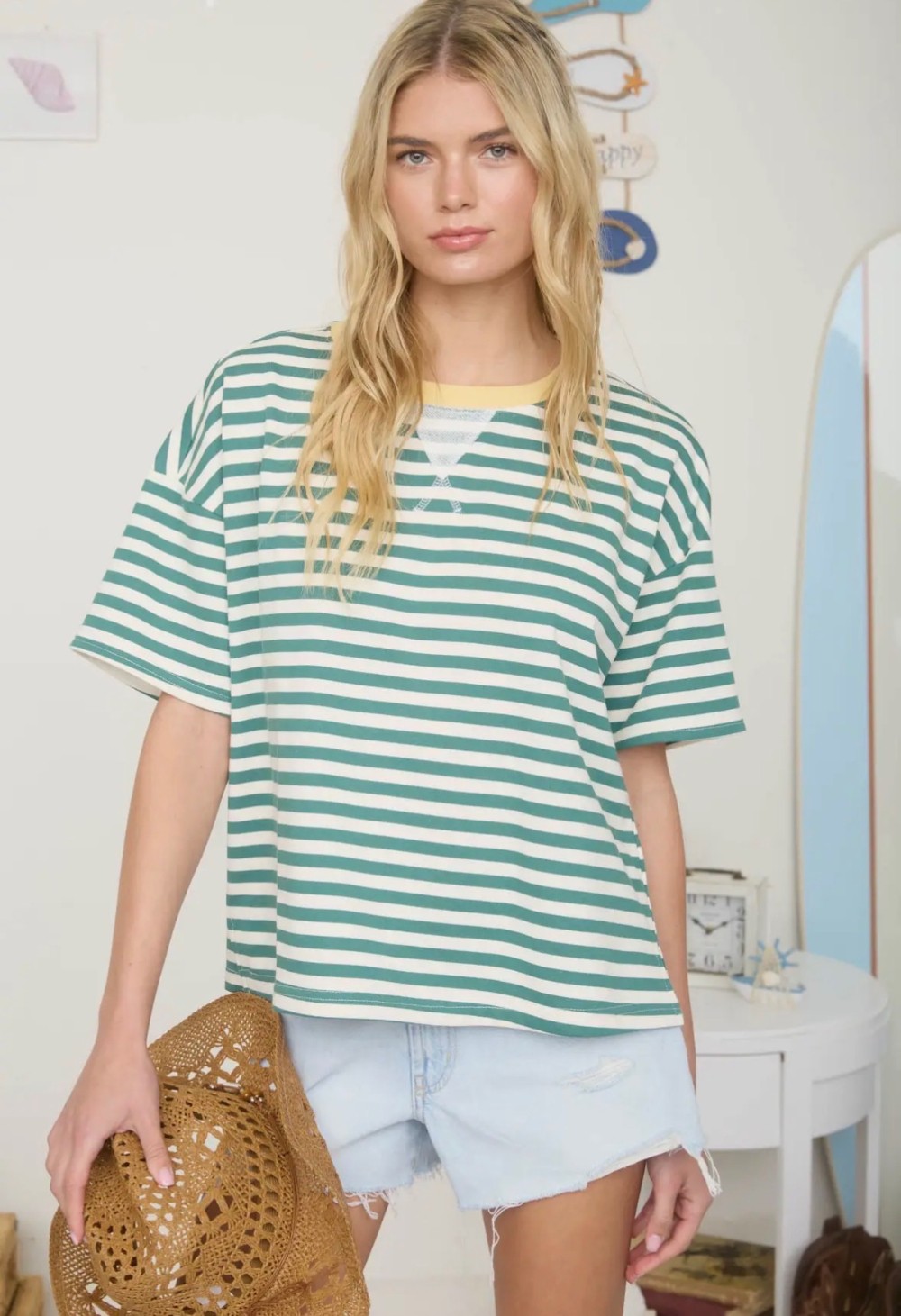 Stripe Colorblock Detail Short Sleeve Knit T-Shirt