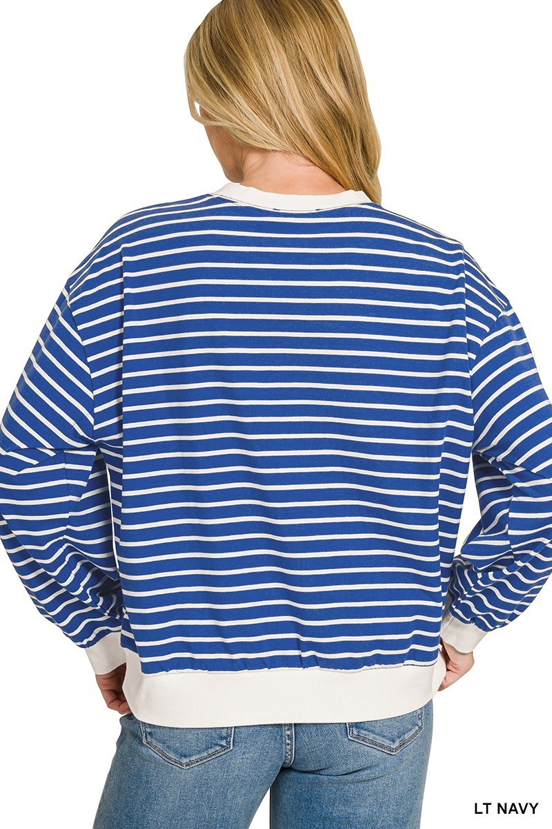 Striped Rib Banded Pullover - Navy