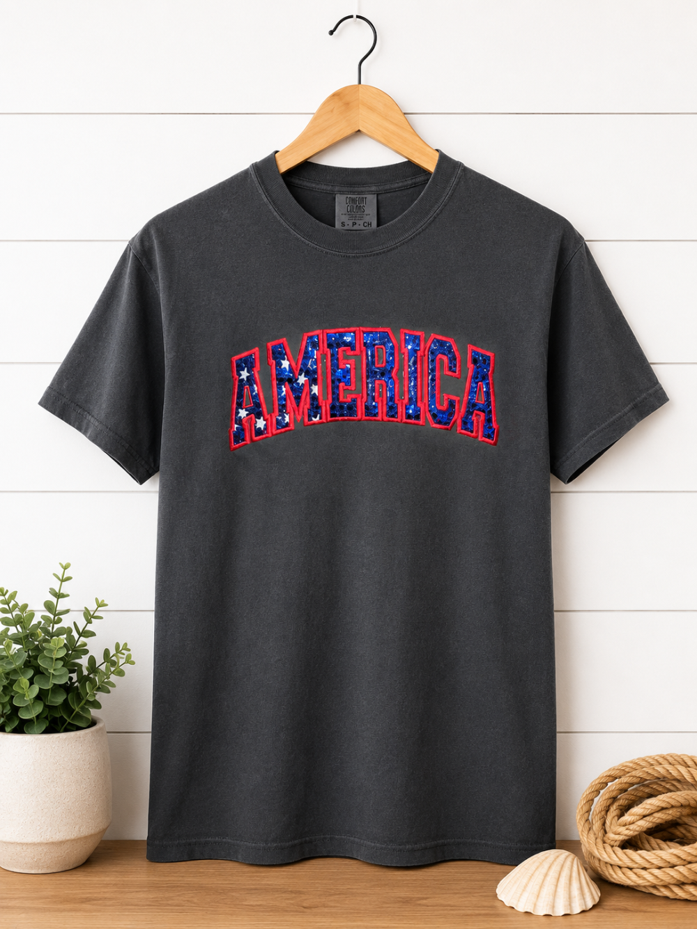 America Spangled Applique Embroidered T Shirt