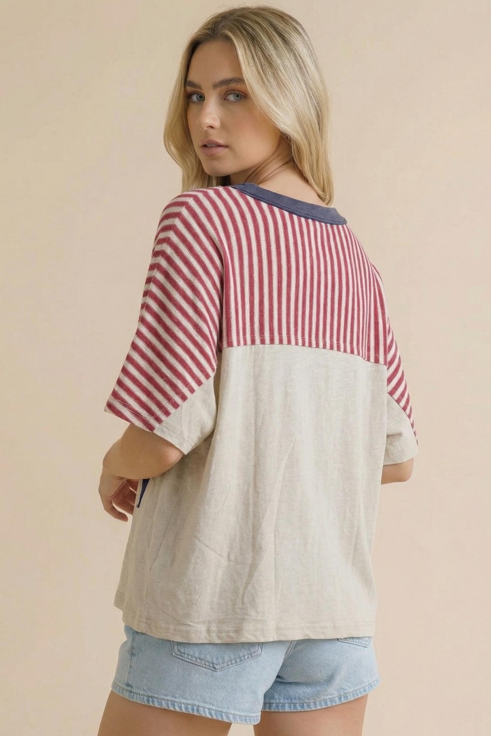 Oversized Star Patch Stripe Color Block Top