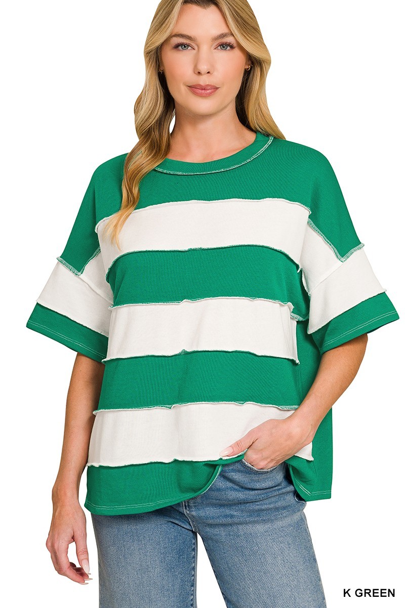French Terry Striped Exposed Seam Top - Kelly Green