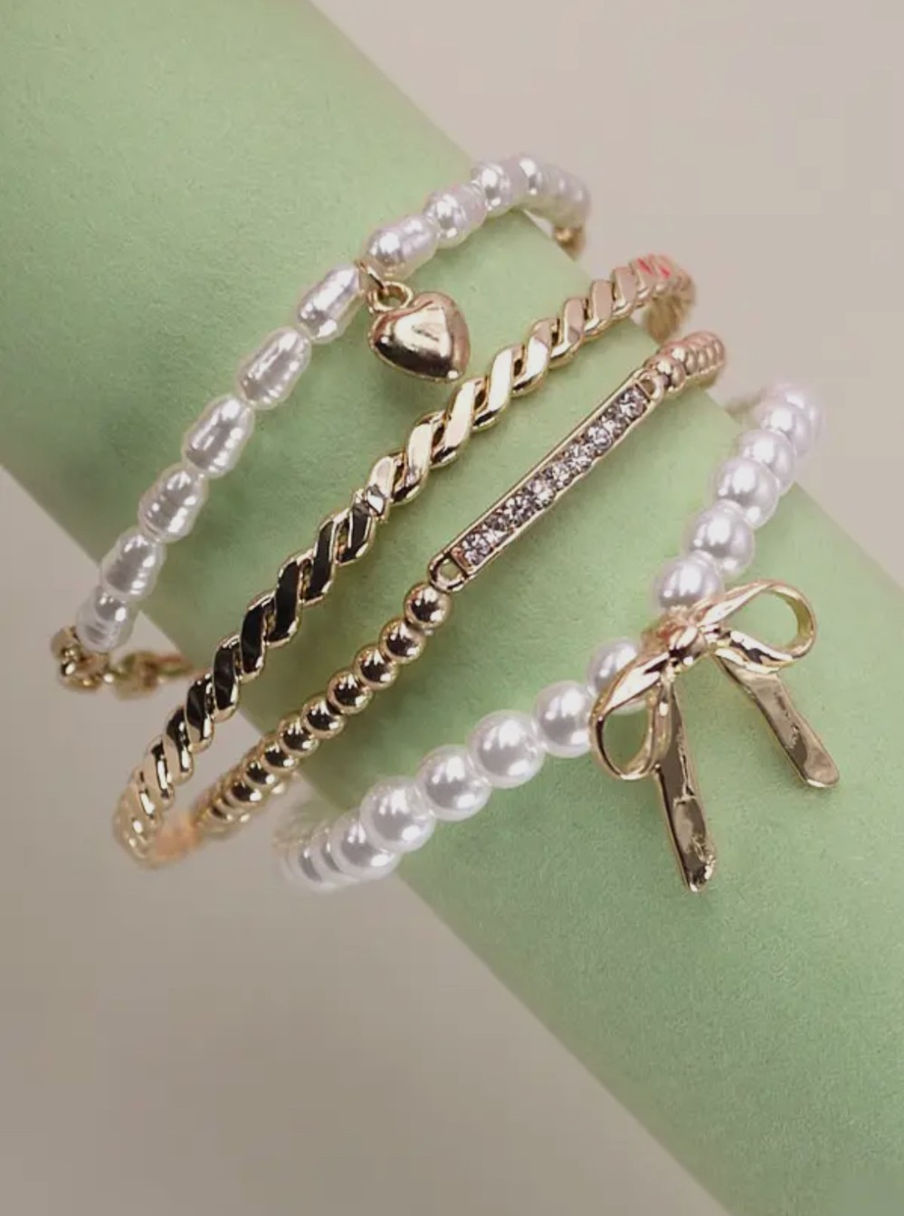 Bow Pearl Rhinestone Bar Stretch Bangle Set