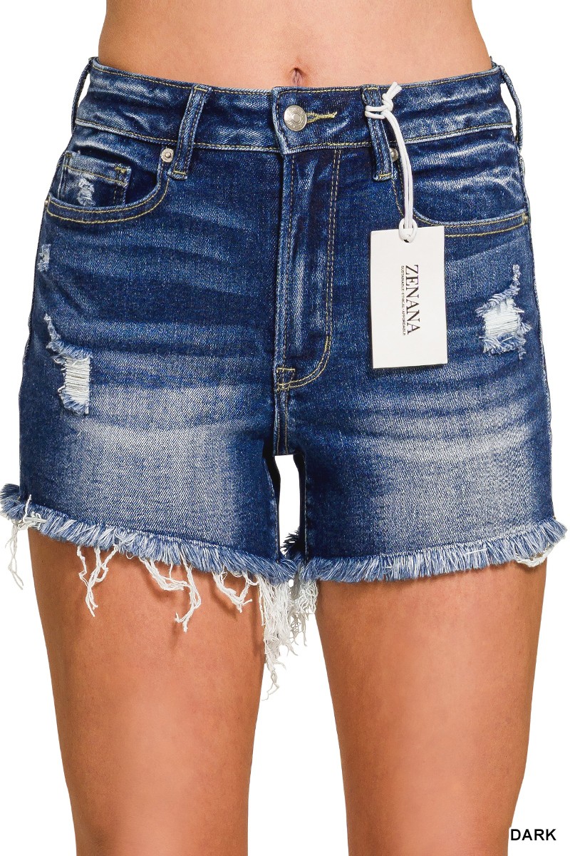 Dark Washed Raw Frayed Hem Denim Shorts