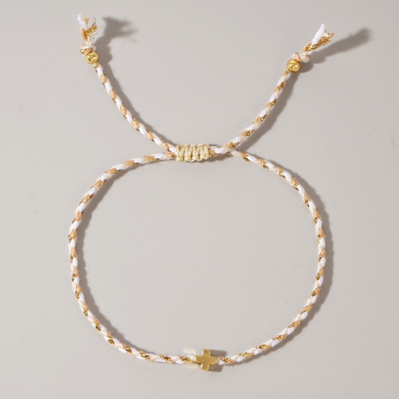 18K Stainless Steel Corded Cross Charm Bracelet - White