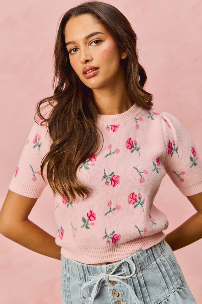 Floral Pattern Knit Puff Sleeves Sweater Top