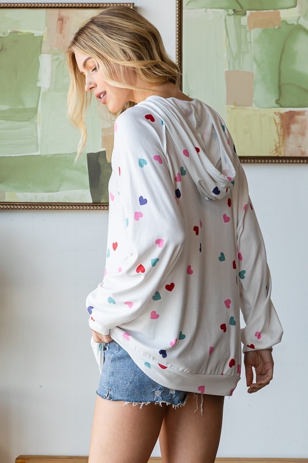 Heart Print Knit Hoodie Top