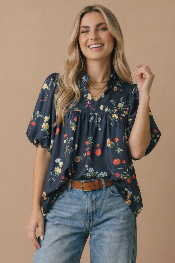 Notch Neck Floral Empire Waist Woven Top