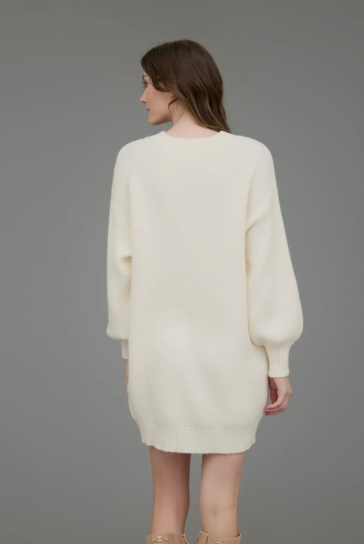 Half Button Long Sleeve Mini Sweater Dress - Cream