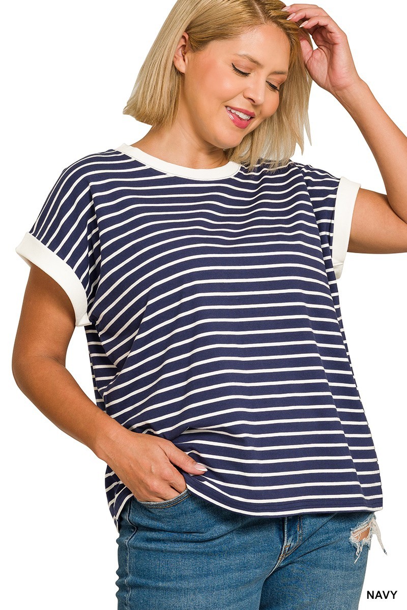Contrast Trim Cap Sleeve Stripe Tee