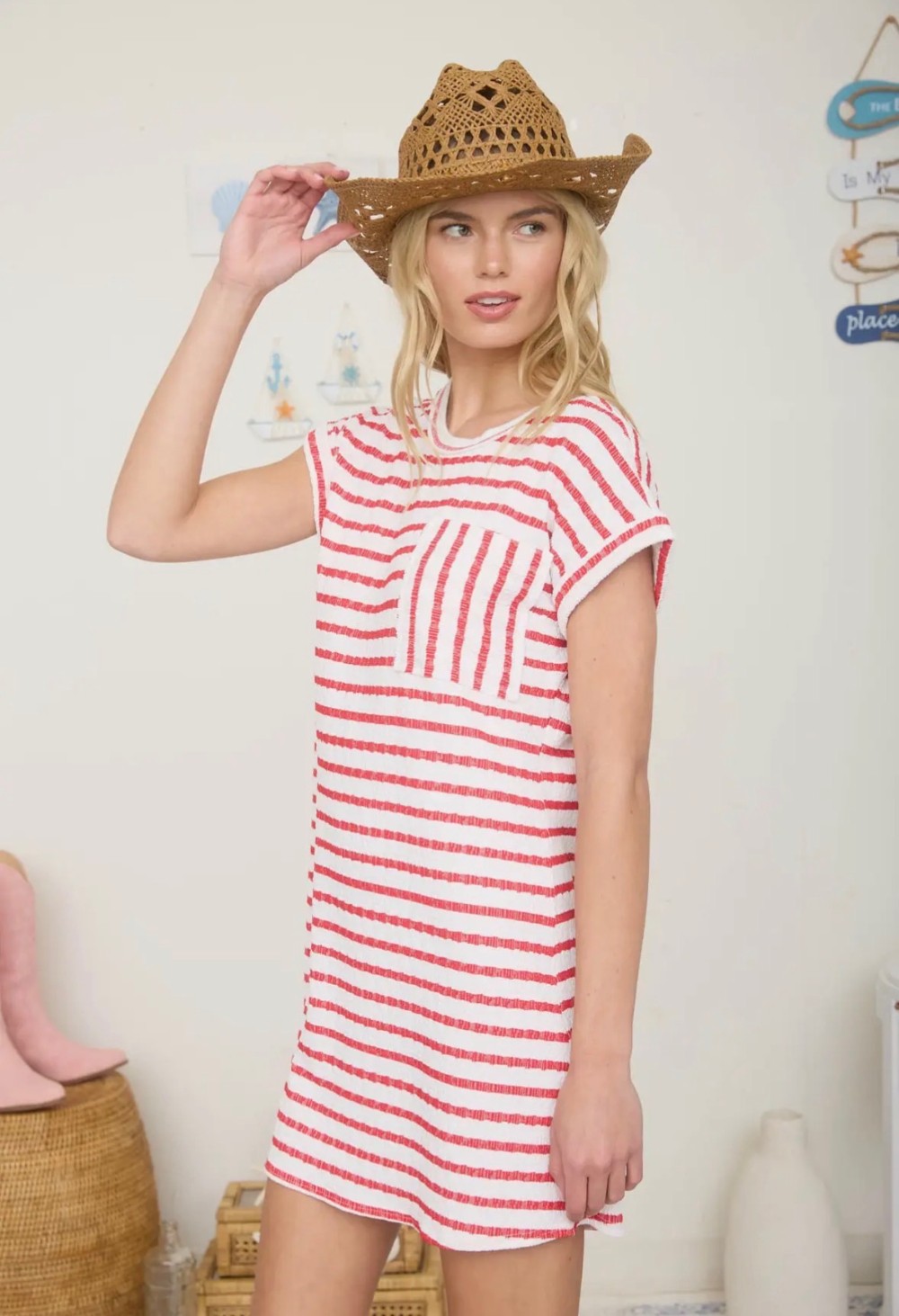 Textured Stripe Short Sleeve Knit T-Shirt Dress