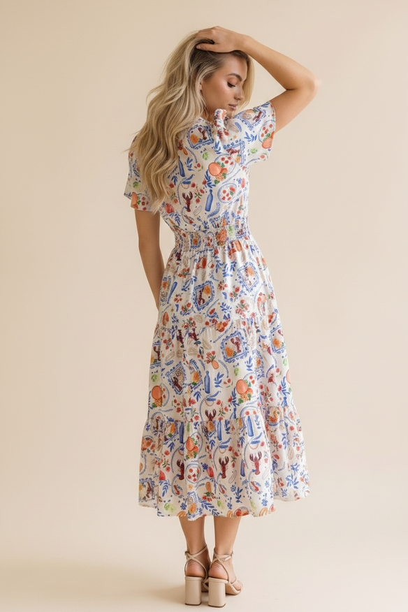 Notch Neck Smocked Waist Lobster Maxi Dress