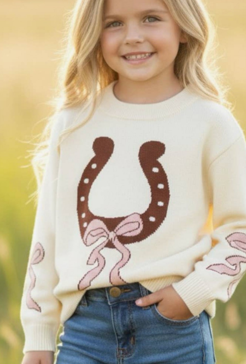 Horseshoe Knit Sweater Pink Bow Sleeves