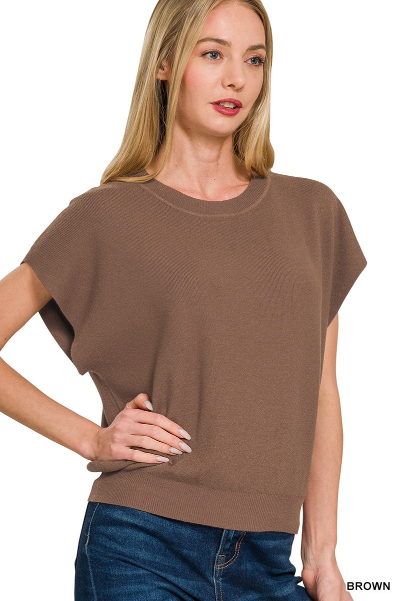 Round Neck Short Dolman Sleeve Sweater - Brown