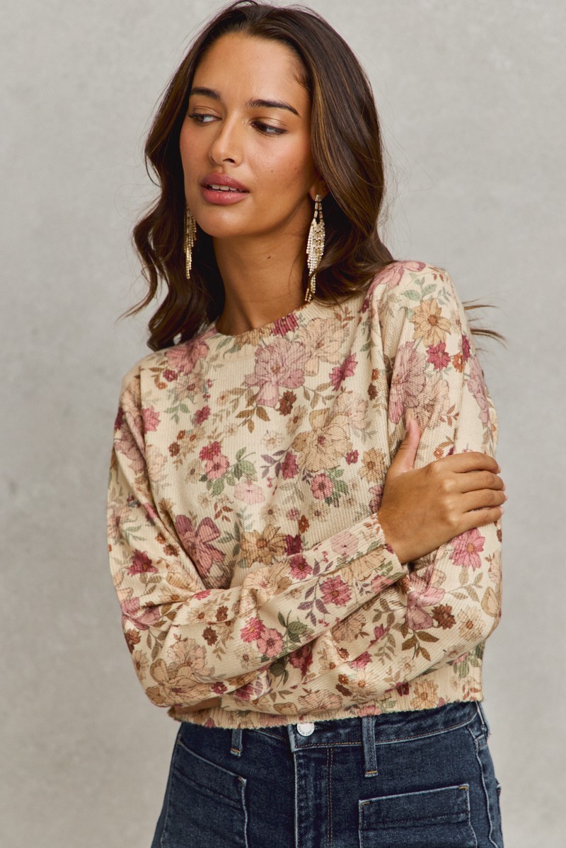 Floral Crew Neck Long Sleeves Sweater Knit Top