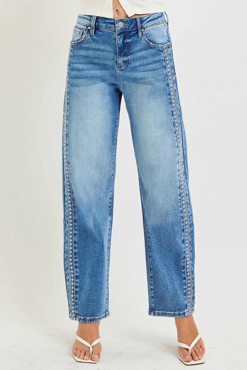 RISEN High Rise Ankle Barrel Embo Detailed Jeans