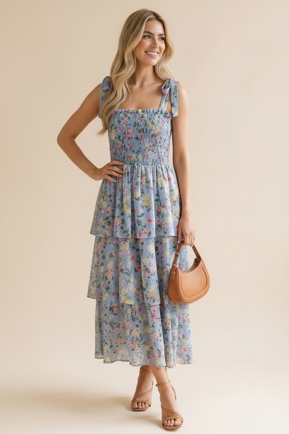 Smocking Bow Tied Tiered Floral Maxi Dress