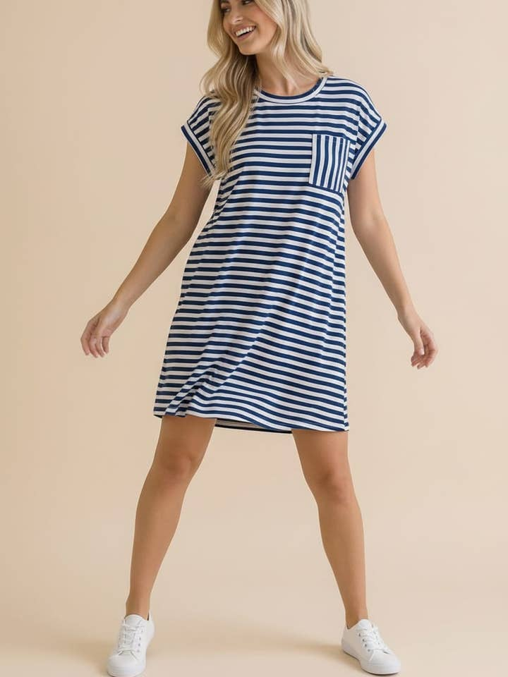 Crew Neck Stripe French Terry T-Shirt Dress