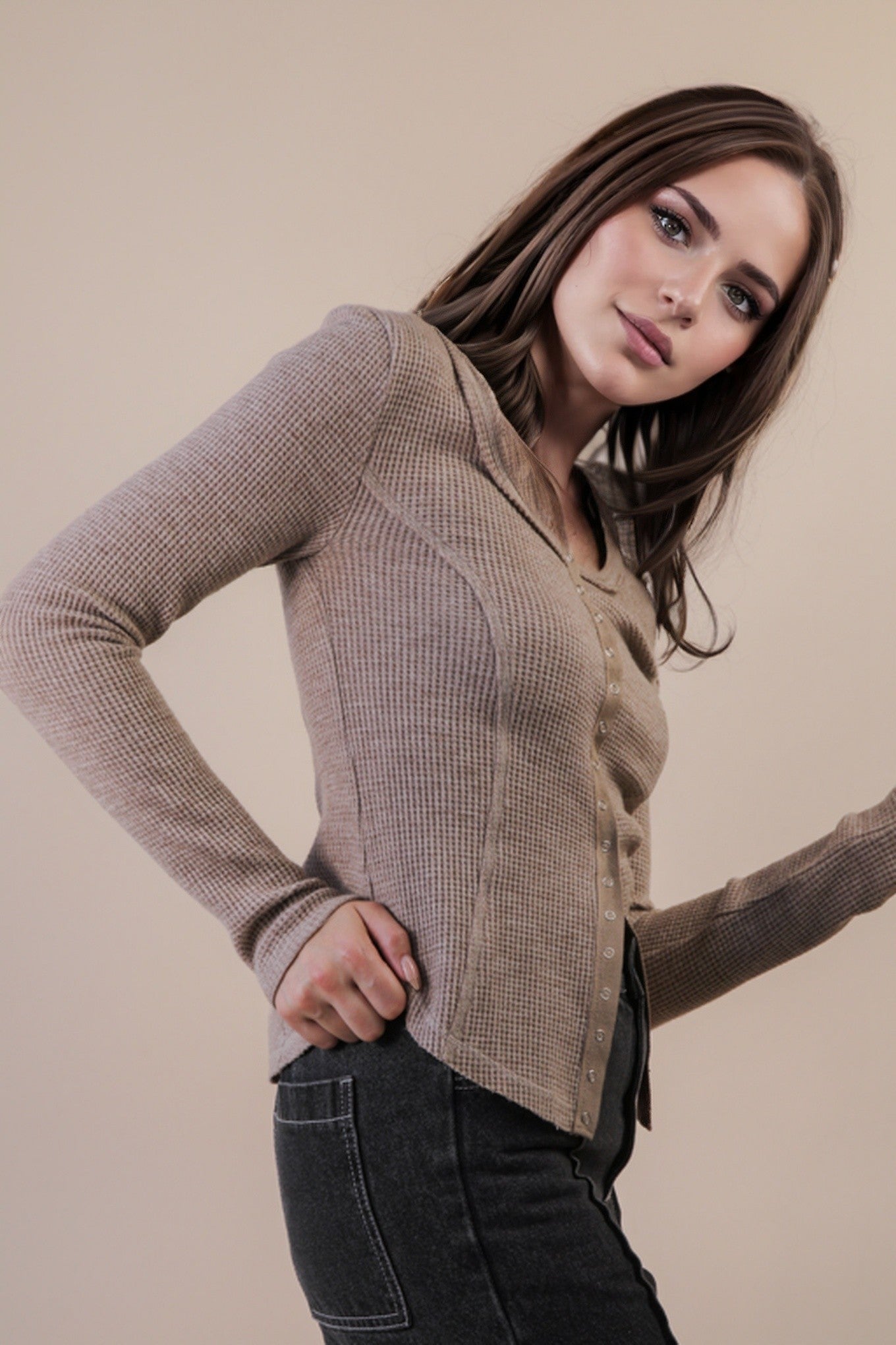 Button Down Fitted Knit Casual Top Mocha