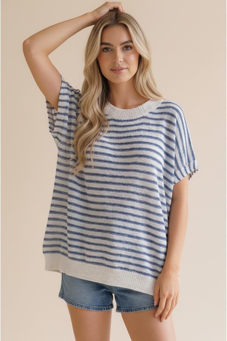 Dolman Short Sleeve Stripe Sweater Knit Top - Blue
