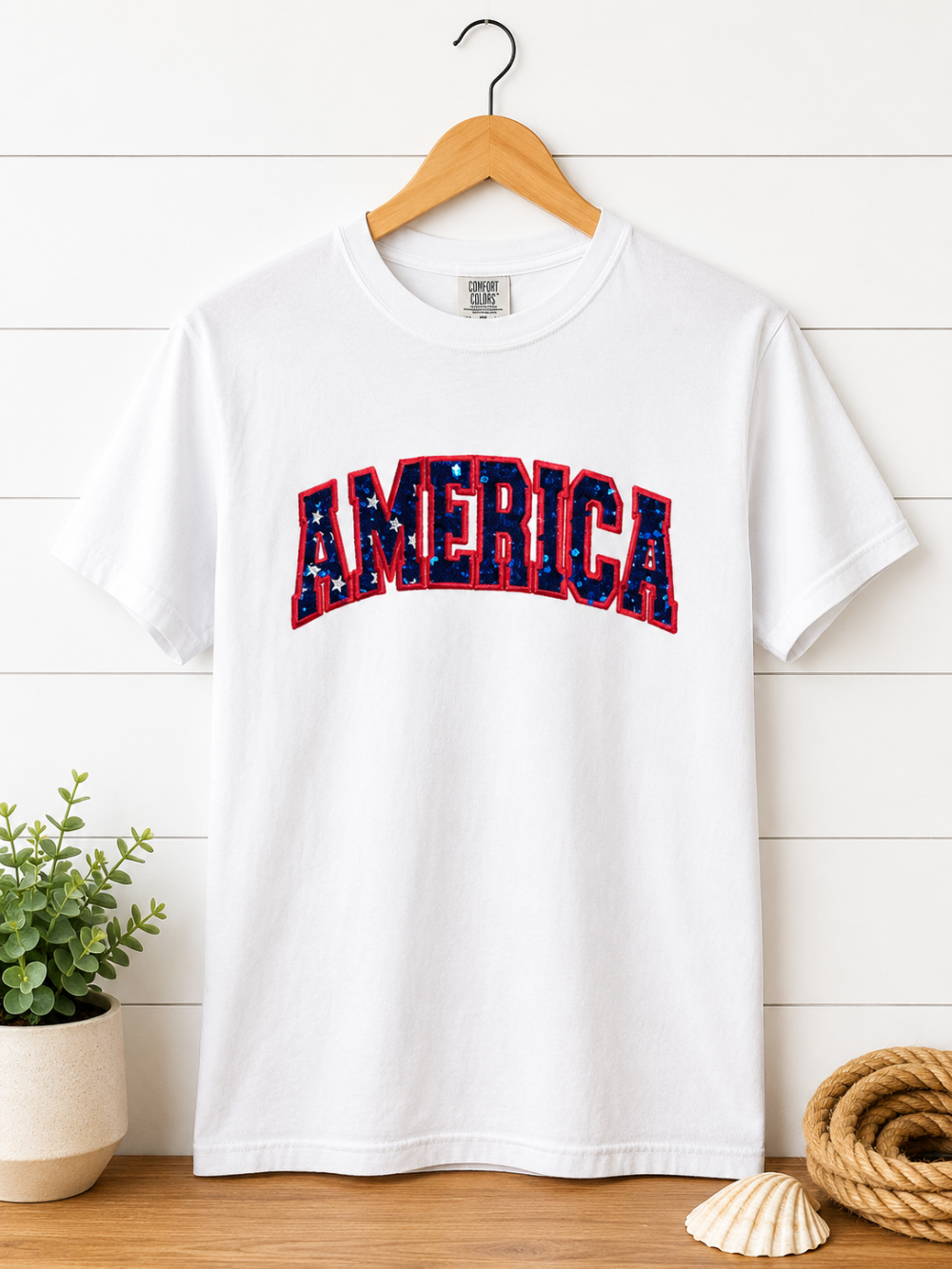 America Spangled Applique Embroidered T Shirt