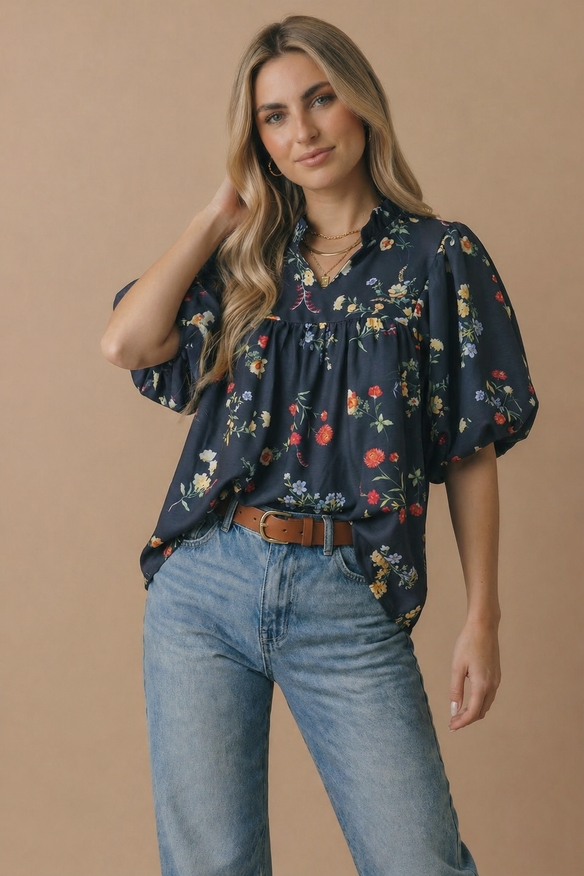 Notch Neck Floral Empire Waist Woven Top