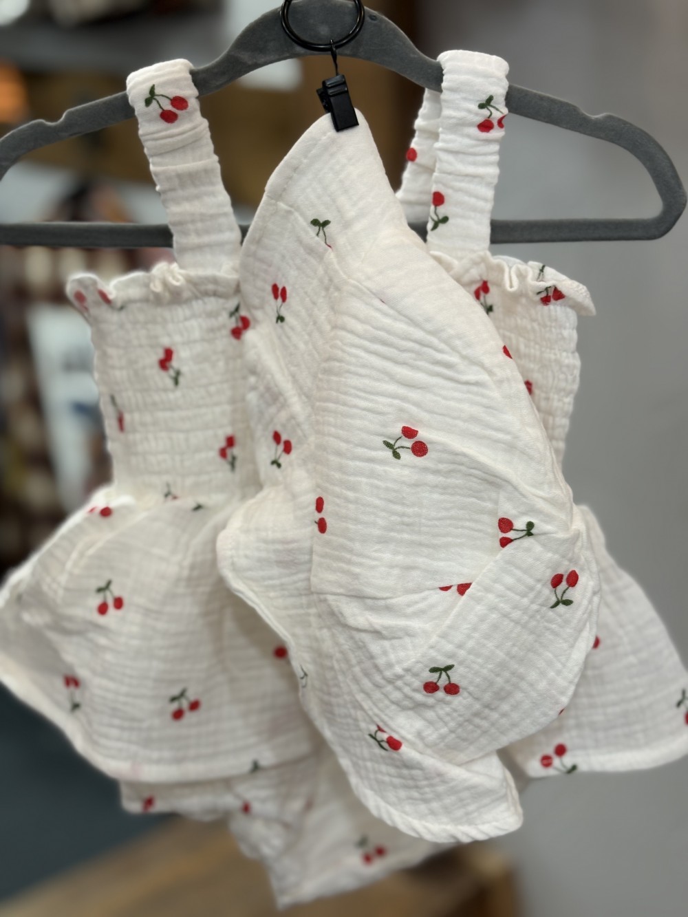 Cherry Smocked Baby Romper & Hat