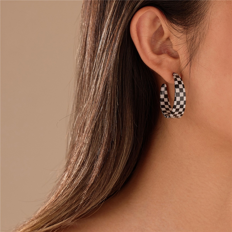 Retro Checkerboard Resin Hoop Earrings