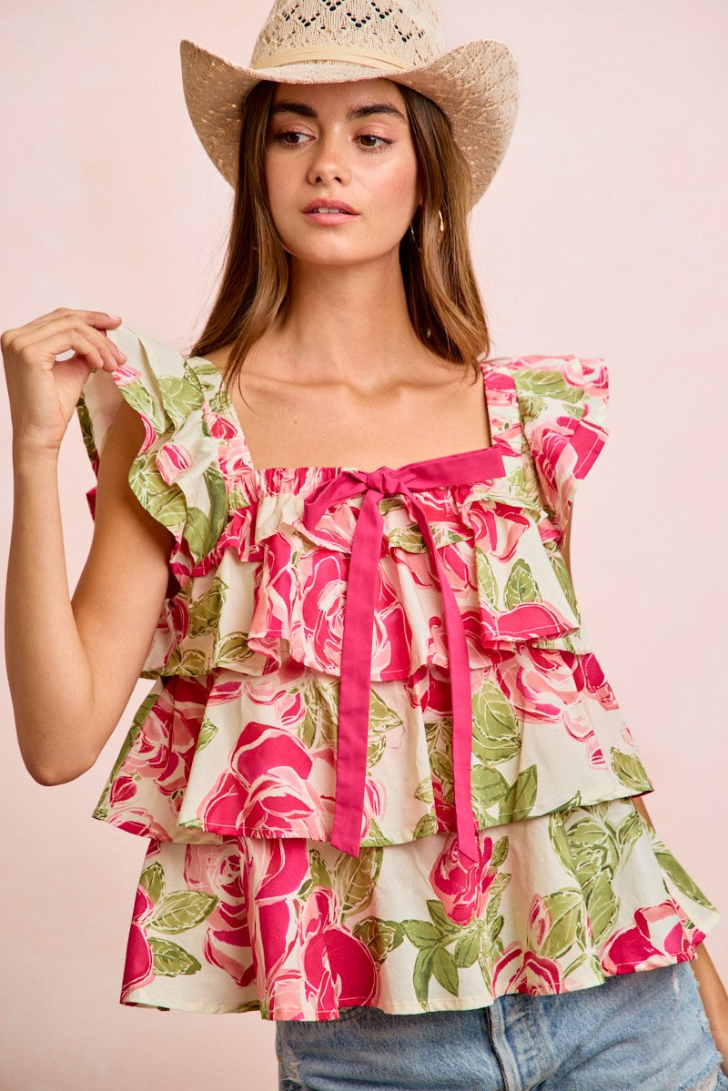 Floral Print Woven Bow Tie Ruffle Square Neck Top
