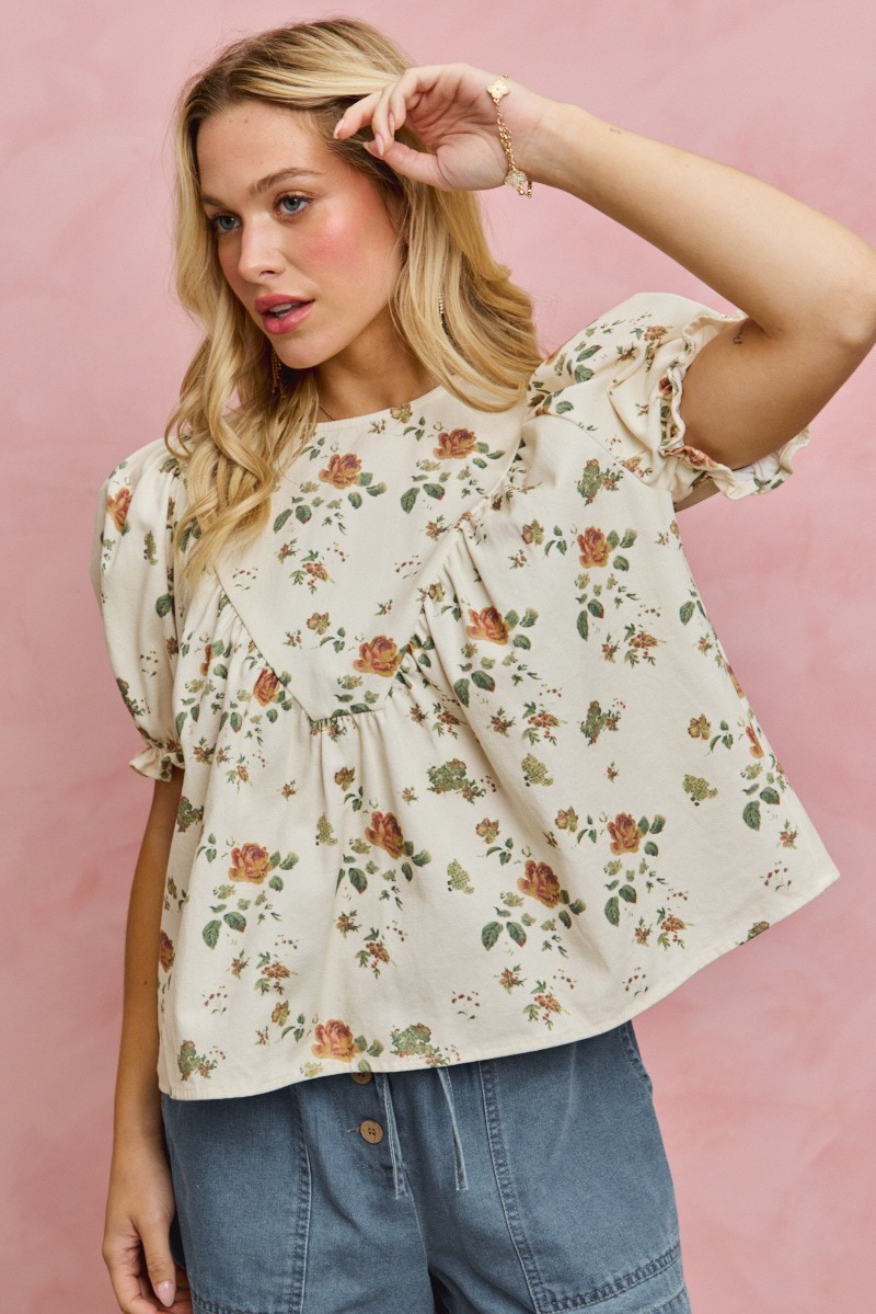 FLORAL ROSE PRINT DENIM SHORT SLEEVES TOP