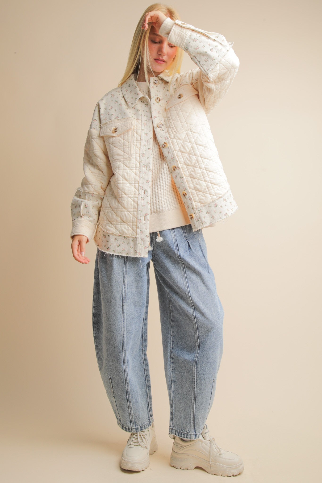 Oversized Floral Printed Contrast Cotton Jacket