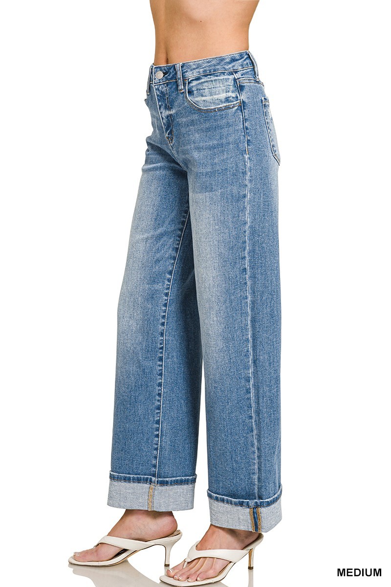 High Rise Cuffed Wide Leg Denim Pants
